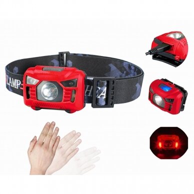 Rechargeable LED head torch with sensor, red, 3W 1