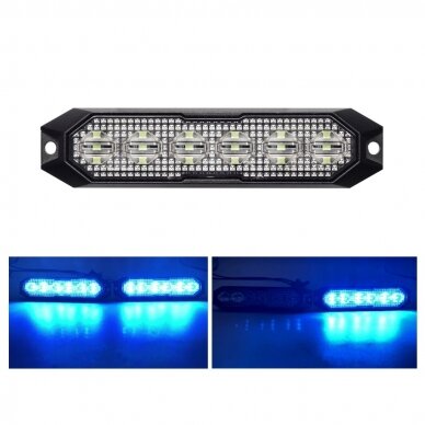 LED švyturėlis mėlynas, 6 LED blykstė, (15 funkcijų), tvirtinamas varžtais, klijuojamas; su sinchronizacija, 12W, 12/24V 1