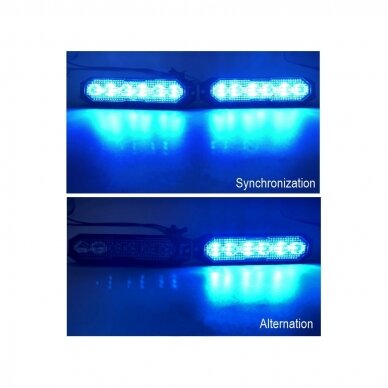 LED švyturėlis mėlynas, 6 LED blykstė, (15 funkcijų), tvirtinamas varžtais, klijuojamas; su sinchronizacija, 12W, 12/24V 2